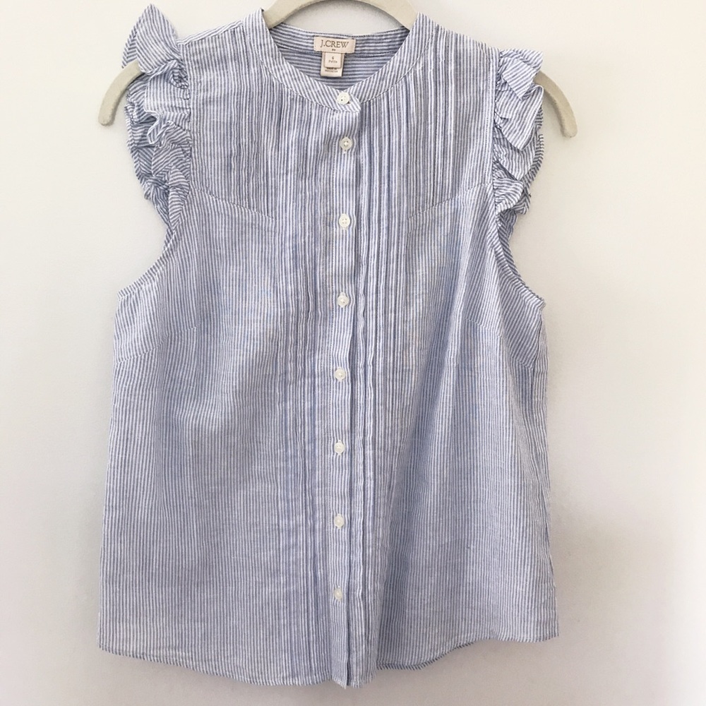 Light blue/white striped ruffle top